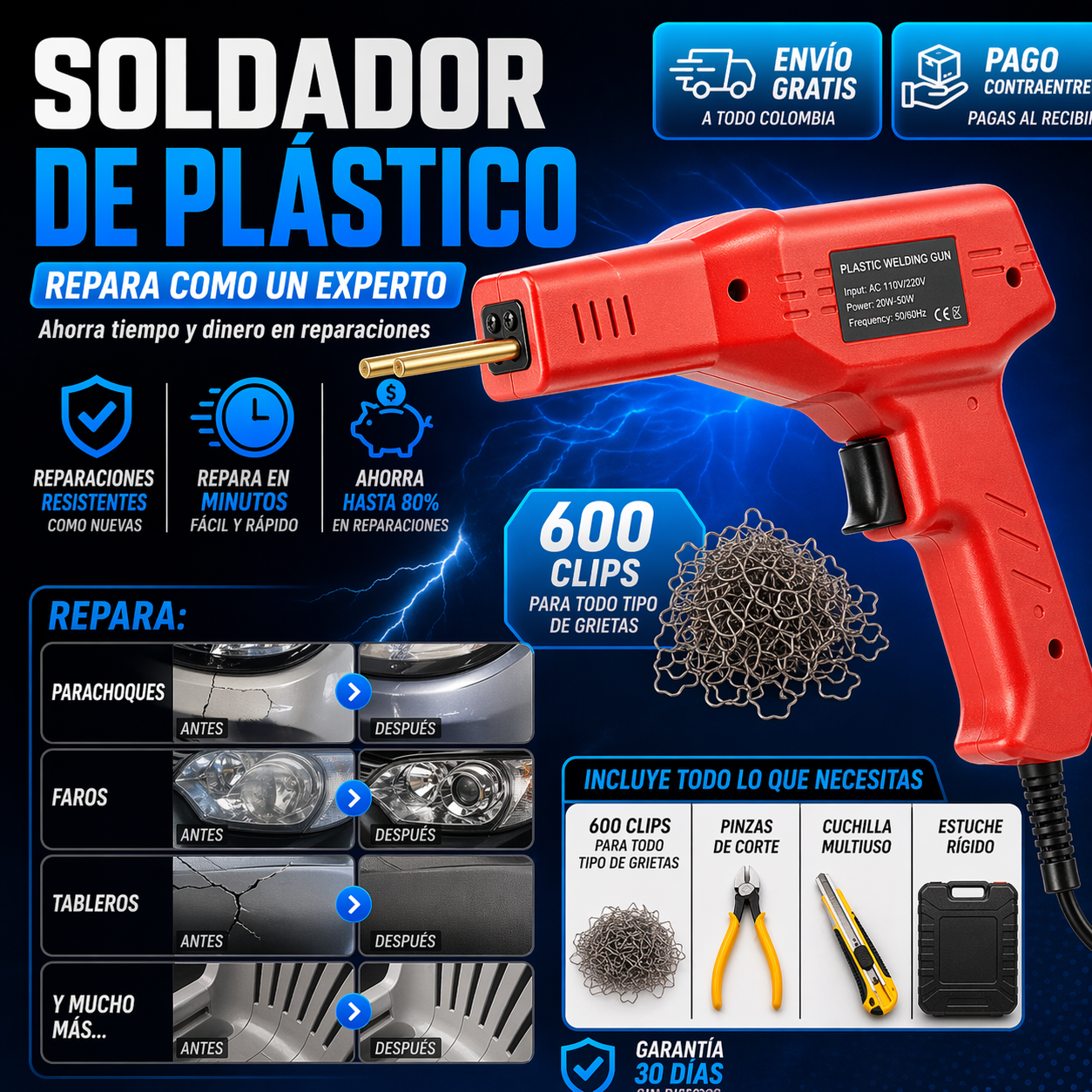 KIT SOLDADOR DE PLÁSTICOS PROFESIONAL + 600 grapas + Pinzas + Cutter ¡Gratis!